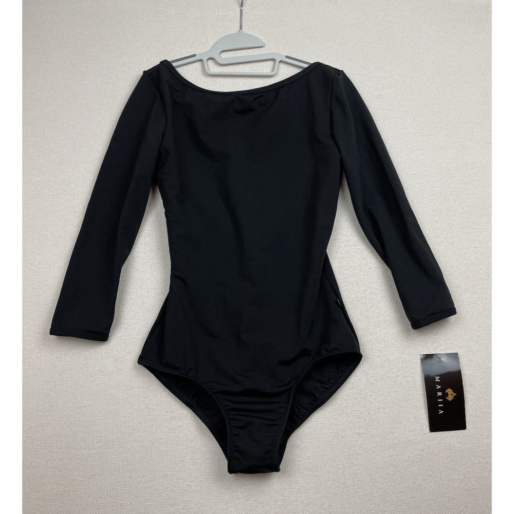 NWT Mariia Girls Boat Neck 3/4 Sleeve Lara‎ Leotard Black Sz Child S Style ME545